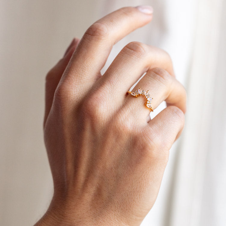 Rainbow Moonstone Sunrise Arc Ring dainty yellow gold jewelry la kaiser