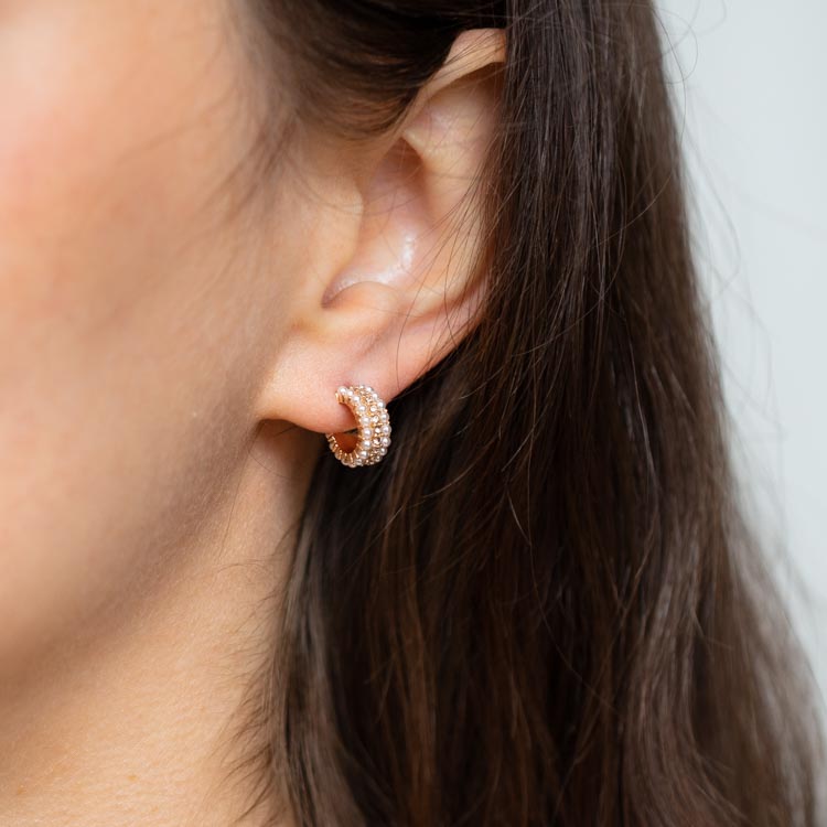 Marissa Huggie Hoop Earrings yellow gold pearl hoops modern jewelry olive + piper