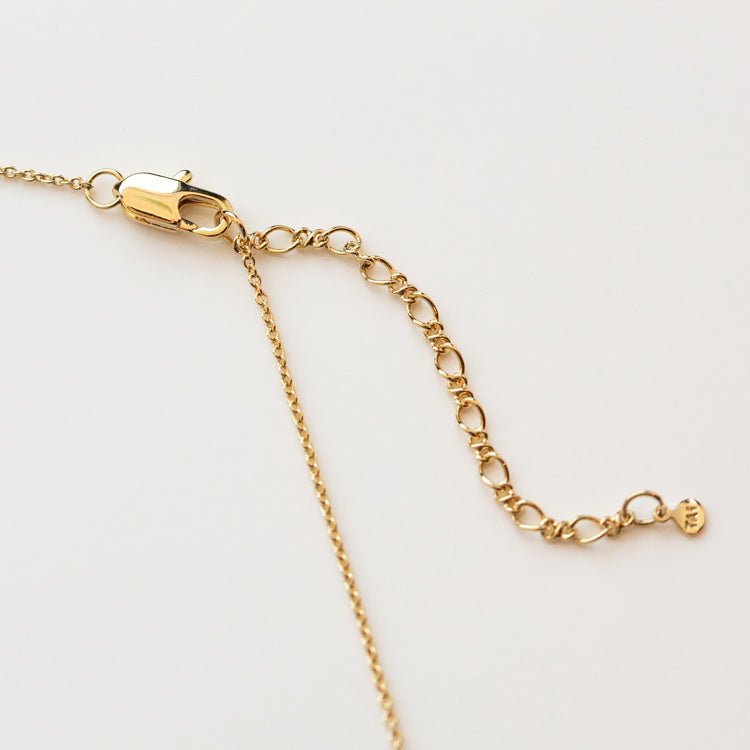 A close-up of the Abalone and Mother of Pearl Horizon Necklace, featuring a gold pendant, lobster clasp, and adjustable extension chain, displayed on a light neutral background.