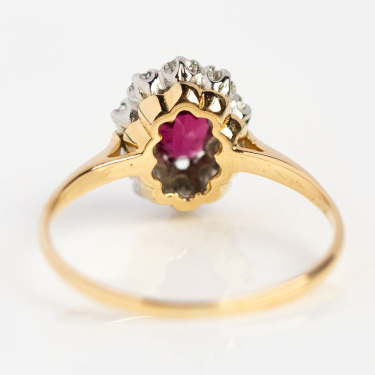 Vintage 18k Ruby and Diamond Halo Ring Size 6.75