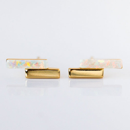 Local Eclectic Gold Mod Bar Gem Stud Earrings with Opal