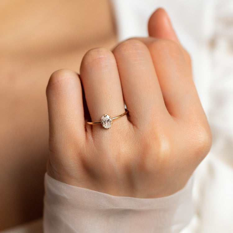 14k Oval Cut Diamond Halo Engagement Ring minimal modern yellow gold fine solid jewelry carried jewels