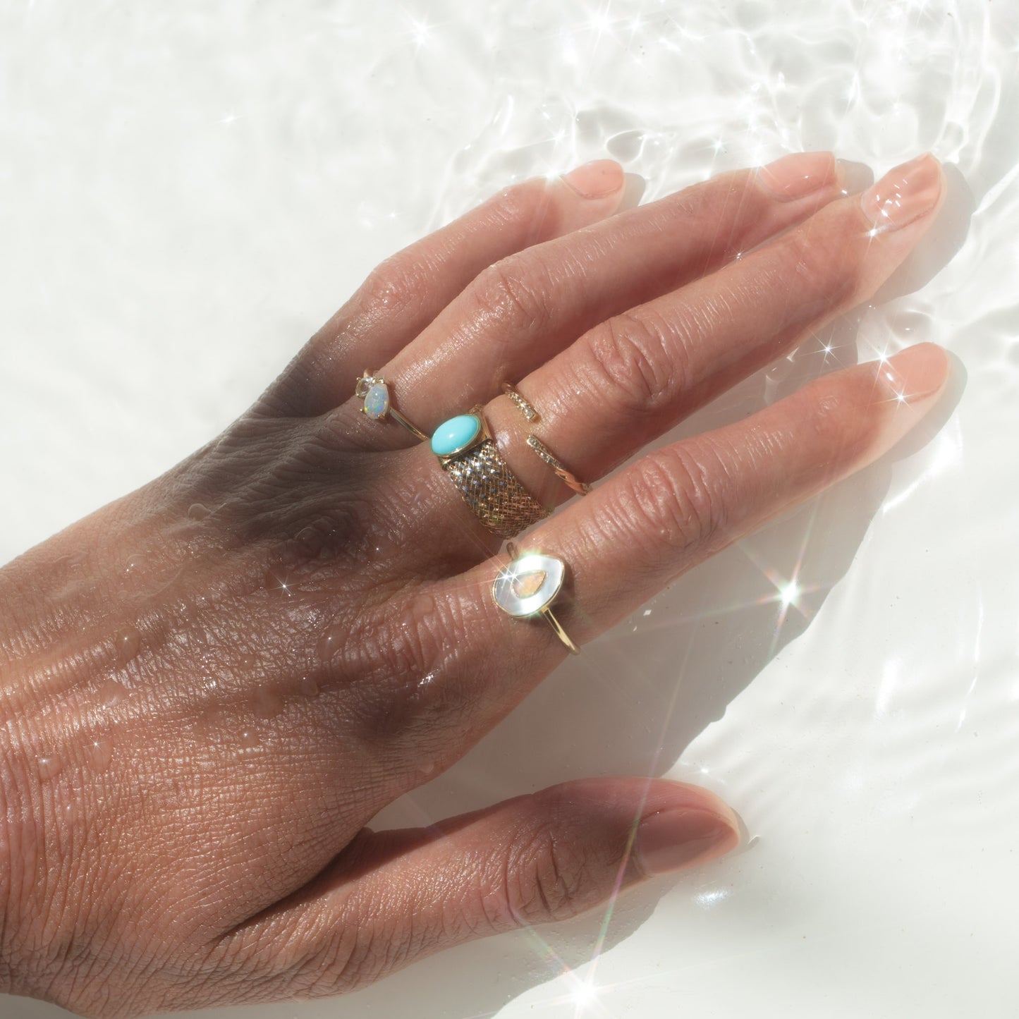 Solid Gold Opal and Mother of Pearl Organic Teardrop Ring