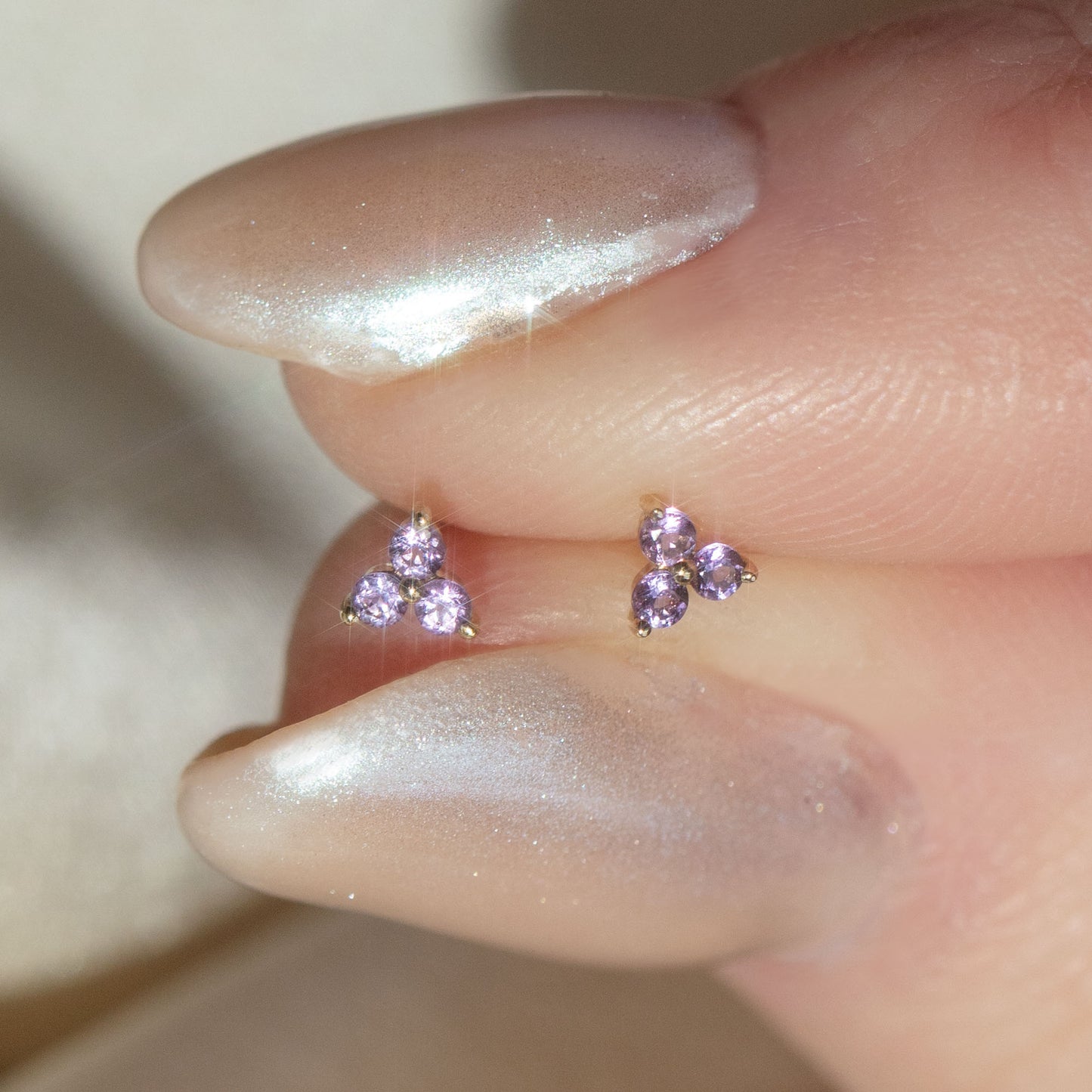 Solid Gold February Capsule Amethyst Trio Studs