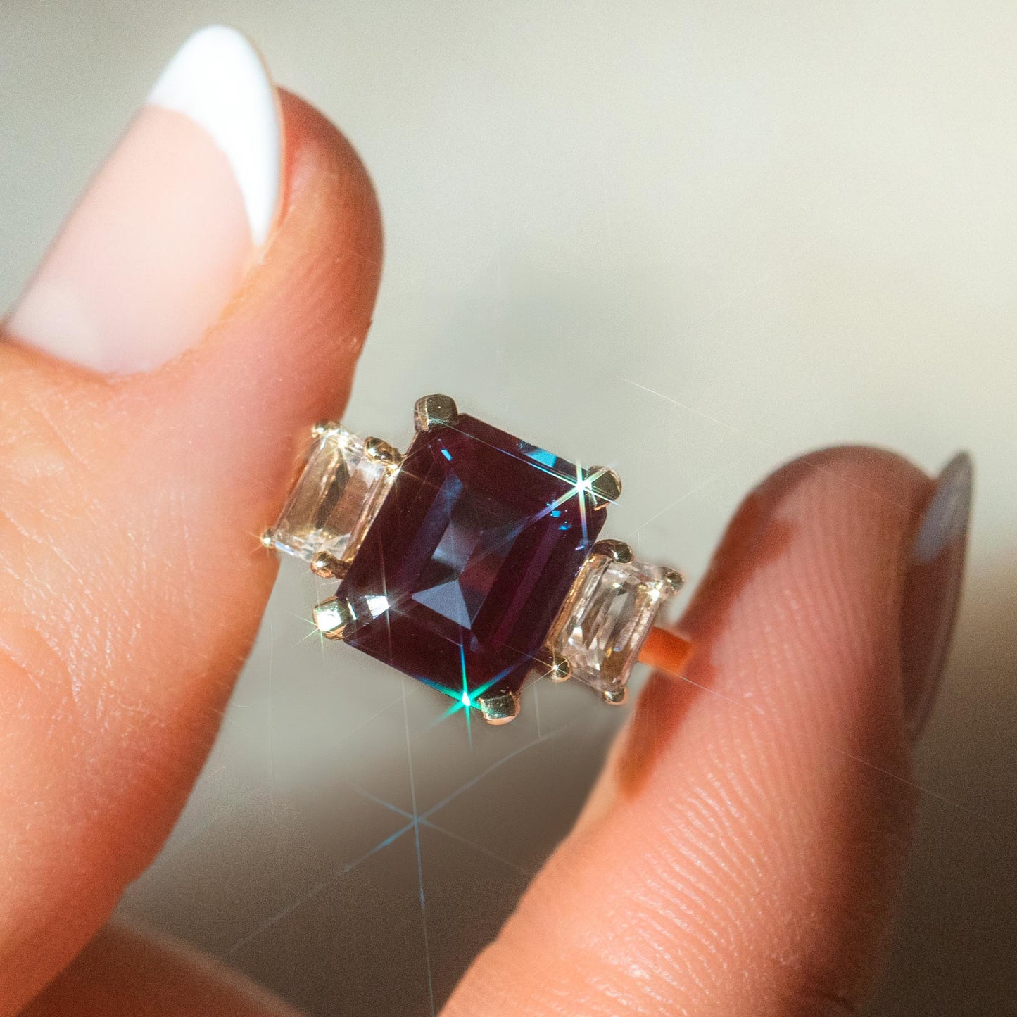 The Sophisticate Lab Alexandrite and White Topaz Ring