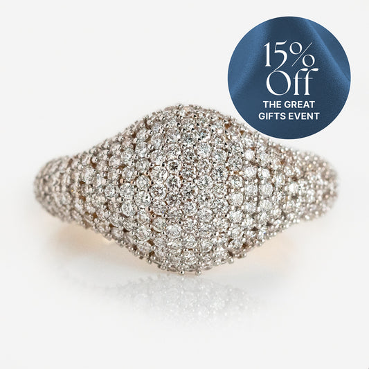 The 14k Solid Gold Pave Diamond Signet Ring, featuring a domed shape and diamond accents, is displayed on a white background. A circular blue banner in the corner announces "15% Off THE GREAT GIFTS EVENT.