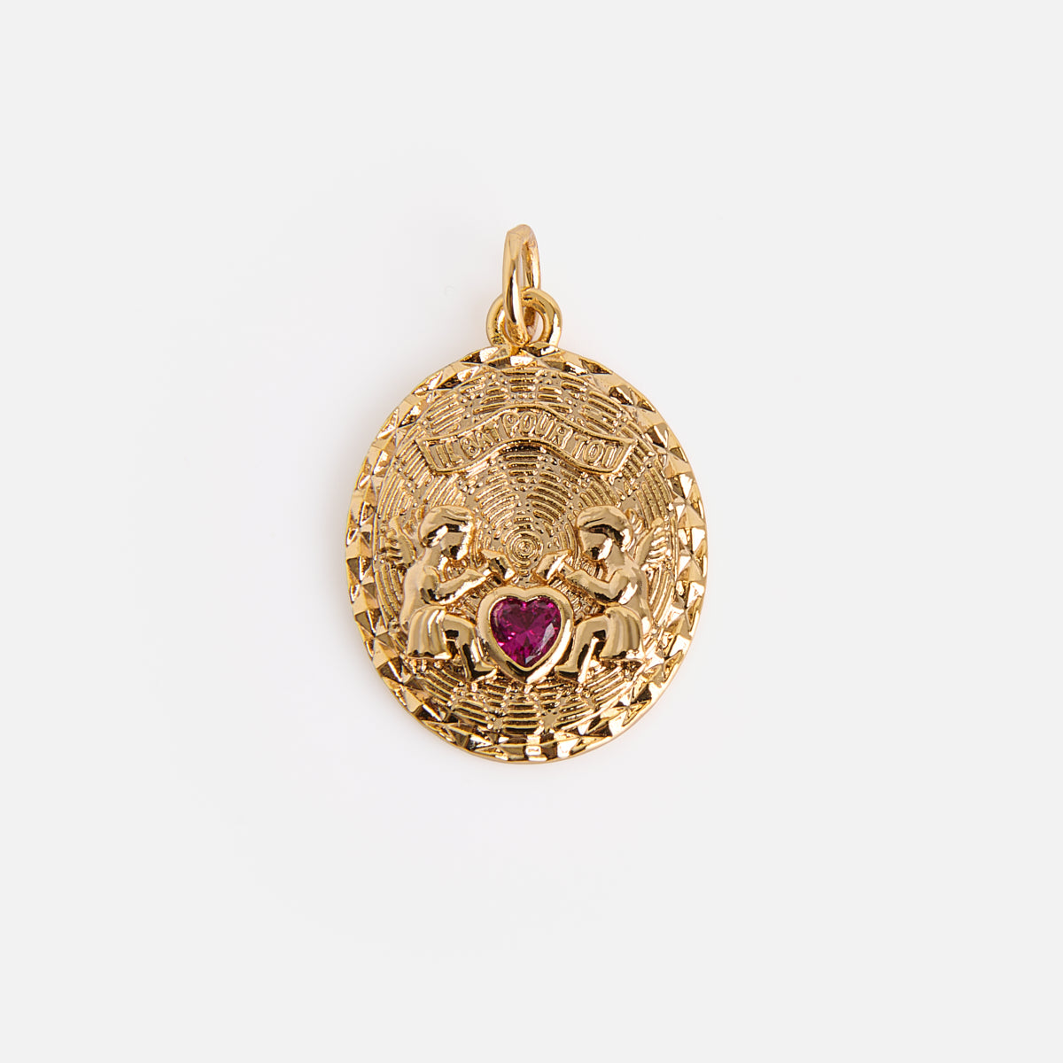 Charms by Mod and Jo: Gold oval pendant with two engraved figures facing each other, holding a heart-shaped red gemstone. Features a textured border and a loop for easy necklace attachment.