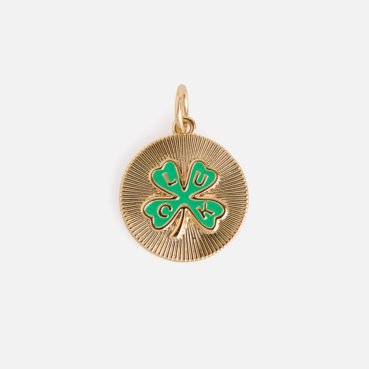 Charms by Mod and Jo: Gold pendant with a green four-leaf clover center, each leaf displaying an L, U, C, or K, set against a sunburst-textured background.