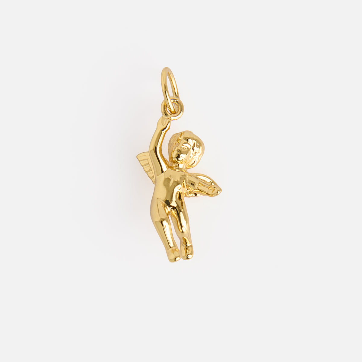 The Charms by Mod and Jo is a small gold cherub pendant with wings, one arm raised, and a top loop for attaching to a chain, shown on a plain white background.