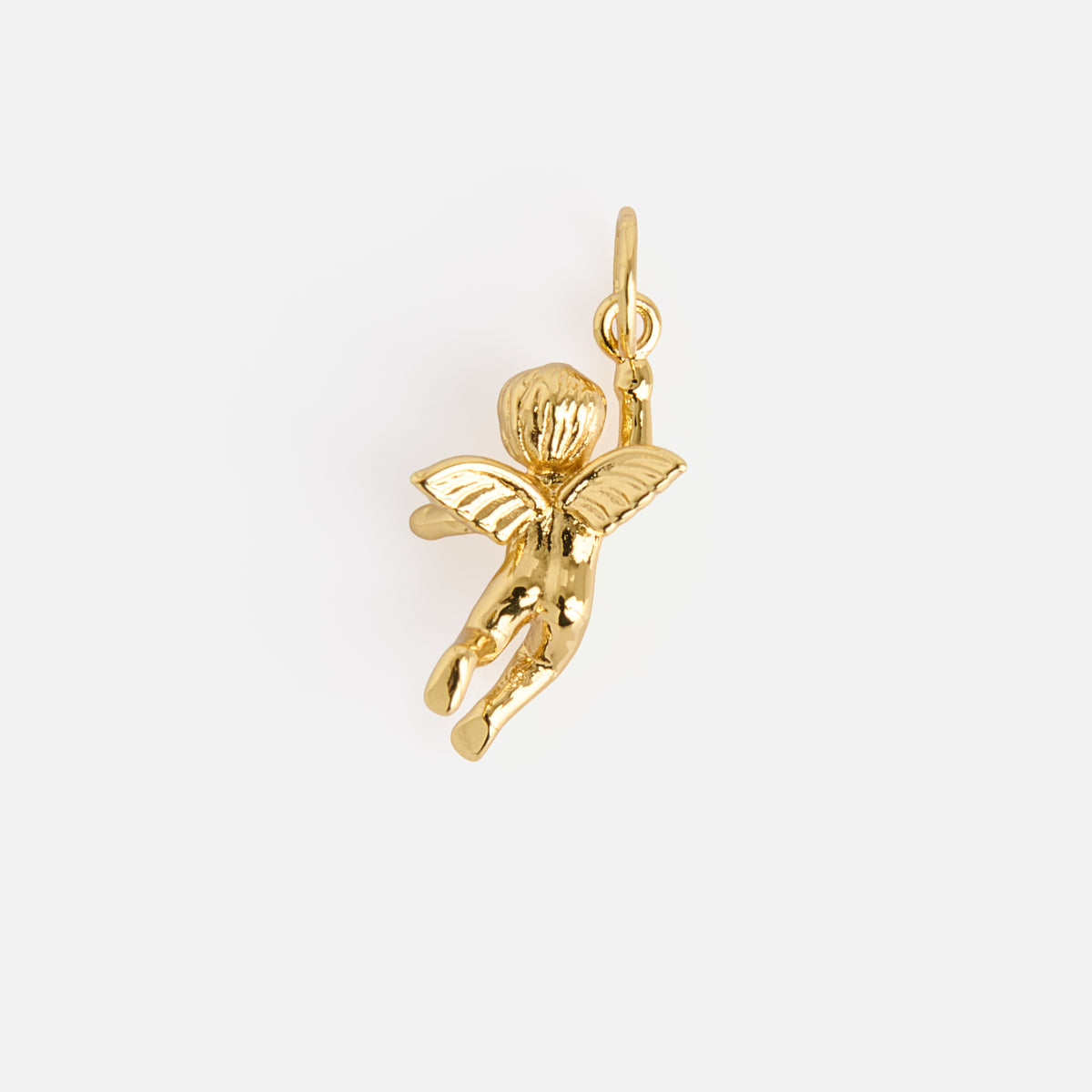 Charms by Mod and Jo gold pendant features a small angel or fairy with wings, one arm raised and holding a loop for attaching to a chain, displayed on a plain white background.