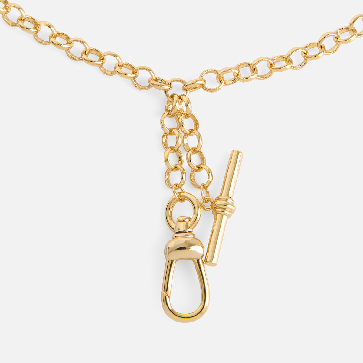 The Cameron Charm Holder Necklace features a gold textured link chain with a swivel lobster clasp and T-bar toggle closure hanging together at the center.