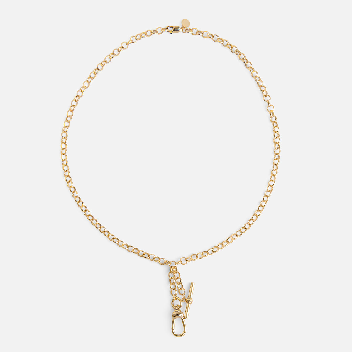 The Cameron Charm Holder Necklace is a gold chain with round links, a back clasp, and a decorative toggle with a lobster clasp charm hanging at the center front.