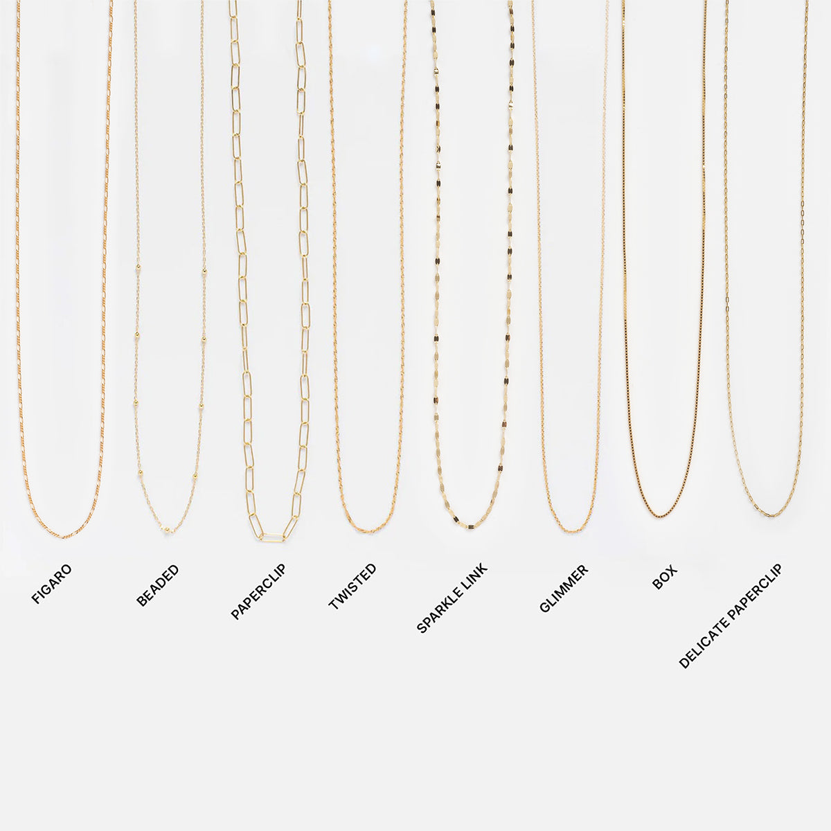 Eight Solid Gold Chains for Charms—Figaro, Beaded, Paperclip, Twisted, Sparkle Link, Glimmer, Box, and Delicate Paperclip—are displayed vertically on a white background. Ideal for your next personalized or charm necklace.