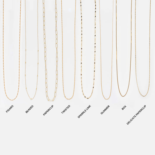 Eight Solid Gold Chains for Charms—Figaro, Beaded, Paperclip, Twisted, Sparkle Link, Glimmer, Box, and Delicate Paperclip—are displayed vertically on a white background. Ideal for your next personalized or charm necklace.