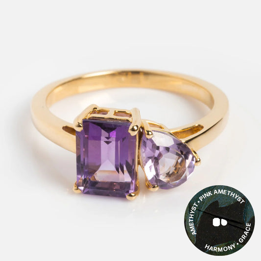 The Solid Gold Toi et Moi Colorful Gemstone Ring features a rectangular purple amethyst and a pear-shaped pink amethyst, with an inset graphic labeling the stones to highlight this harmonious, graceful gemstone jewelry.