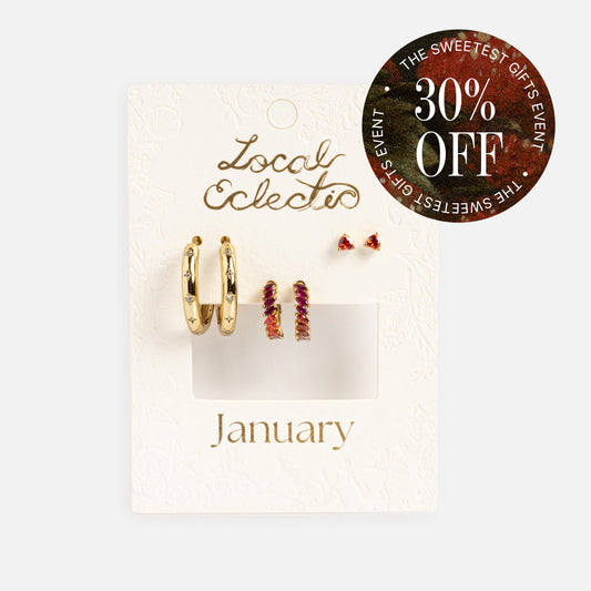 A jewelry card labeled Local Eclectic January displays the Bold Birthstone Earring Set—featuring gold hoop earrings, gold and red gemstone hoops, and small red studs—with a circular 30% OFF sticker at the top right.