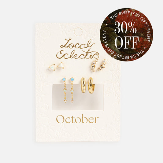 The Classic Birthstone Earring Set features five pairs of 14k gold plated gemstone earrings on a Local Eclectic October card. A "30% Off, The Sweetest Gifts Event" sticker highlights the perfect gift for a custom ear stack.