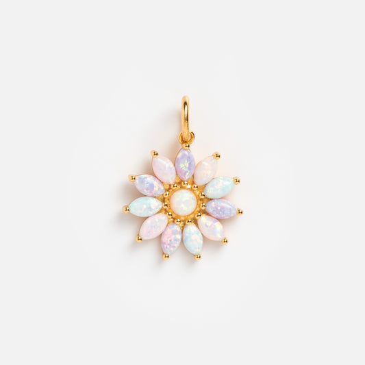 The Charms by La Kaiser pendant features marquise-cut lab-created opal charms surrounding a central round opal, all set in 18k gold vermeil, forming a daisy shape.