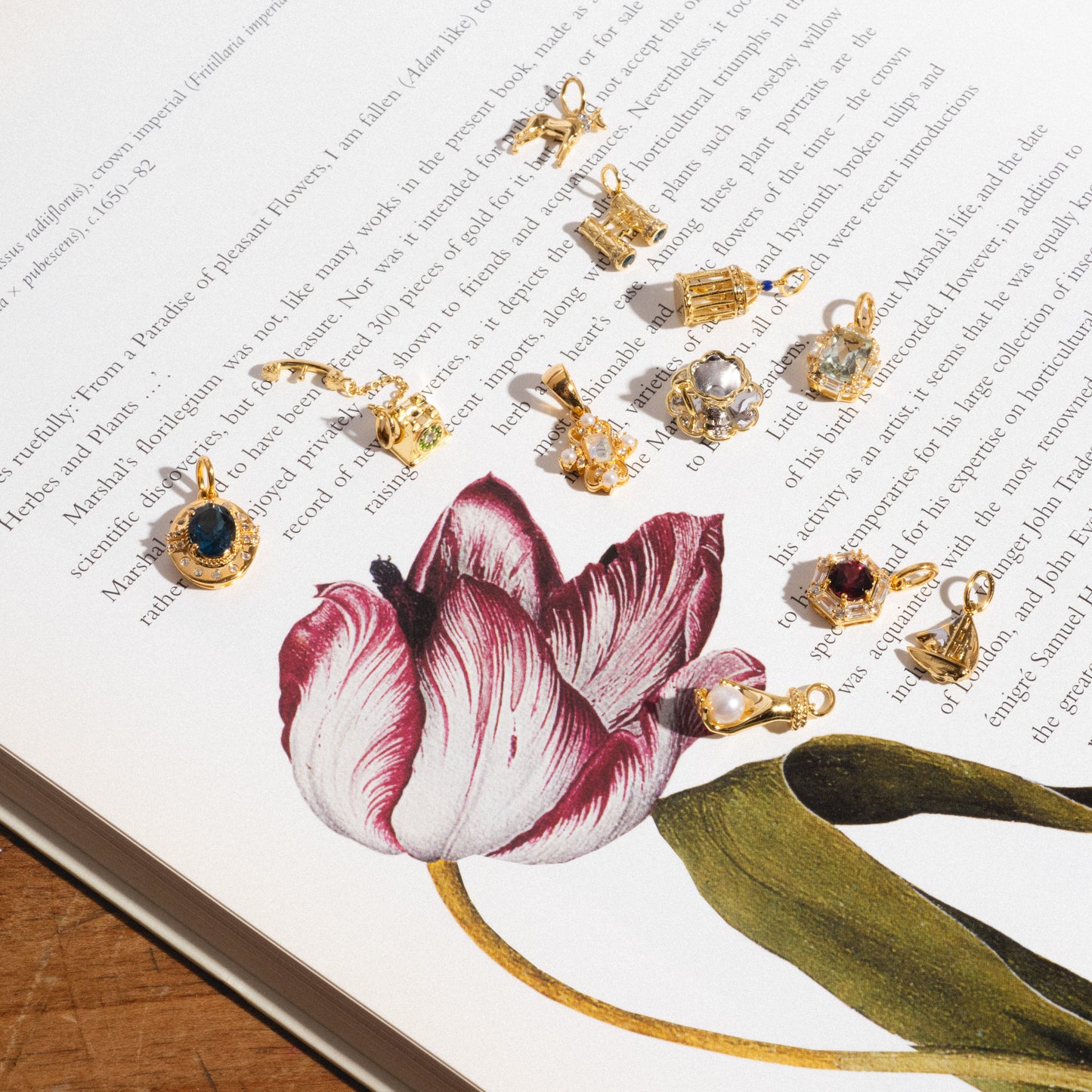 The Vintage Inspired Trinket Charm is beautifully displayed on an open book with a red and white tulip illustration, highlighted by natural light.
