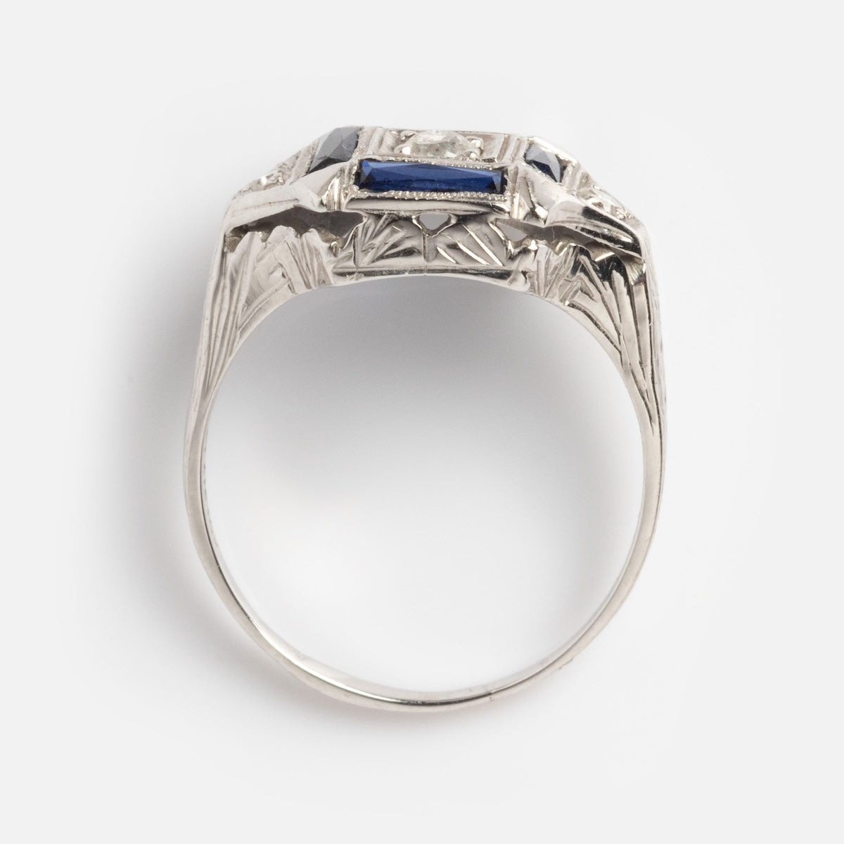 Vintage Belais 18k White Gold and Blue Sapphire Cocktail Ring Size 5.5