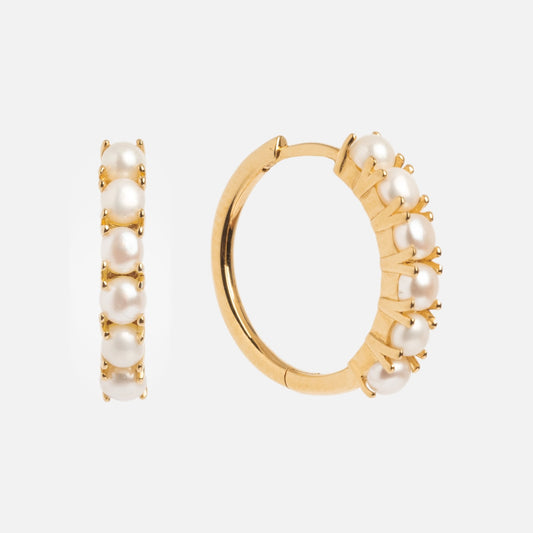 Nonnas Pearl Hoop Earrings feature gold vermeil hoops with evenly spaced freshwater pearls, shown on a plain white background—one earring displayed from the front, the other from the side.