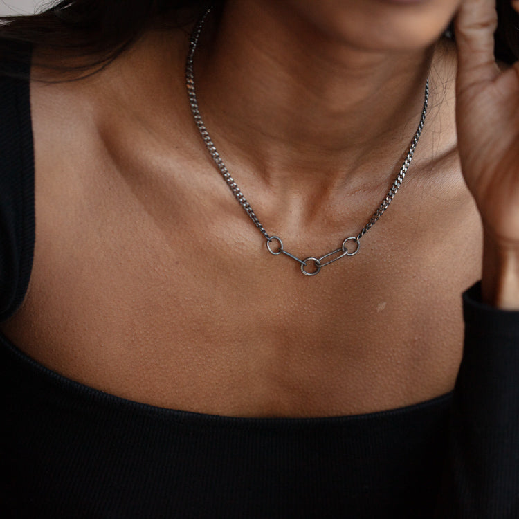 Five Link Oxidized Silver Charm Holder Necklace