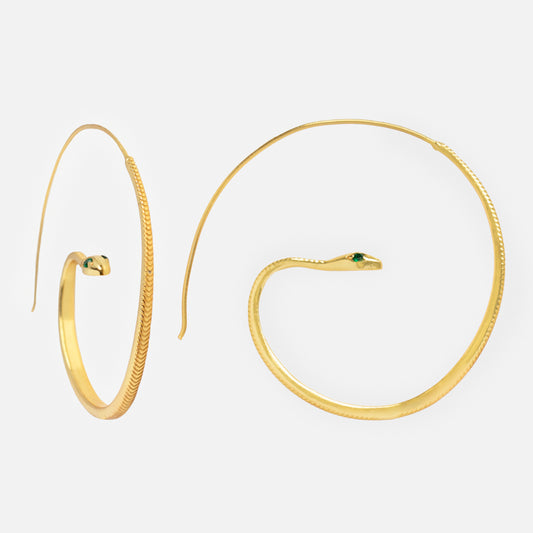 Snake Hoop Earrings shaped like coiled snakes, each adorned with a small green zircon eye, displayed on a plain white background.
