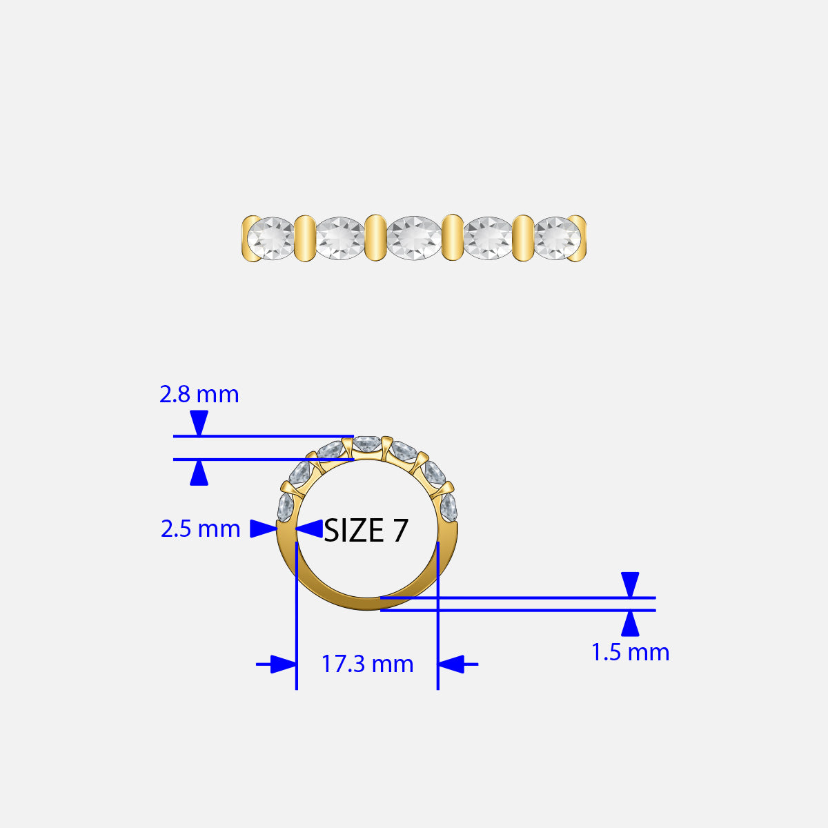 The Bespoke Additional Design Work Fee covers custom design services. Example: a gold ring with 7 oval stones (2.8mm high), set in prongs; band is 2.5mm wide, 1.5mm thick, and 17.3mm diameter (size 7).