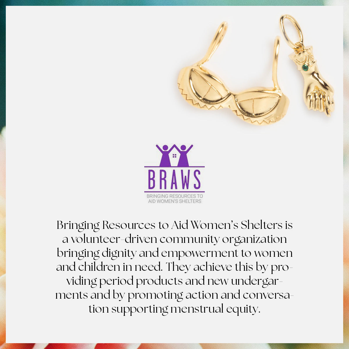 The BRAWS logo is topped with Limited Edition Women's History Month Charms, symbolizing the organization's mission to support women and children with period products and promote menstrual equity.