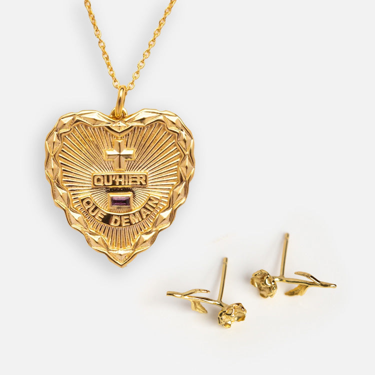 The Valentines Day Hearts and Flowers Gift Set features a gold heart pendant necklace with engraved text and gemstone, paired with gold birth flower earrings, displayed on a white background—an elegant Valentine’s gift.