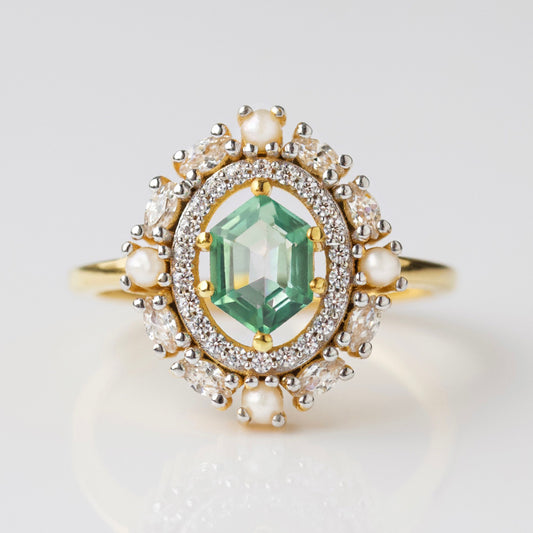 Fern Green Topaz Statement Ring with Pearl Halo