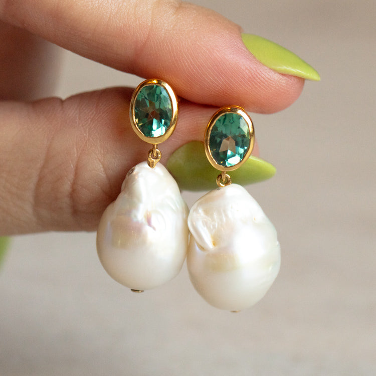 Baroque Pearl and Green Topaz Drop Earrings