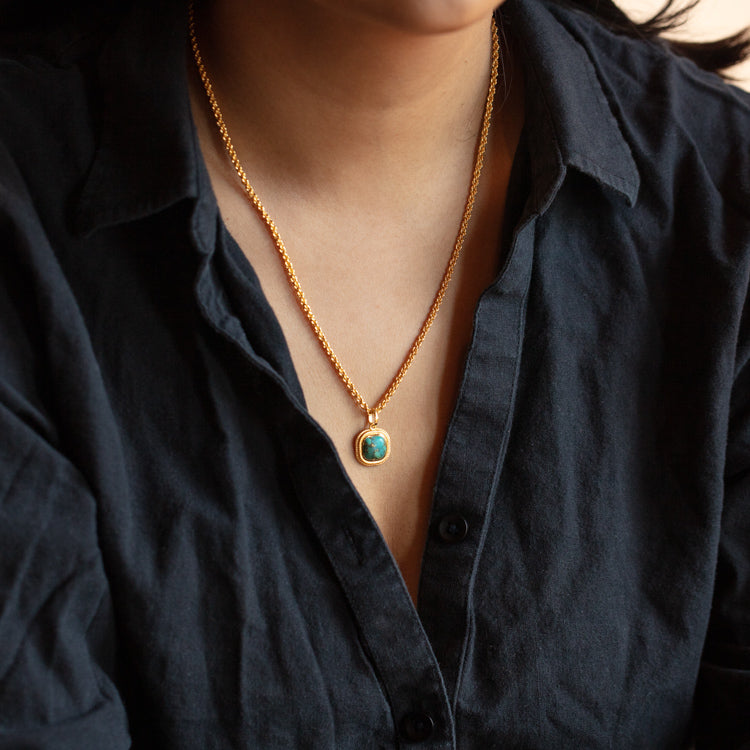 Rope Set Square Cabochon Copper Turquoise Necklace