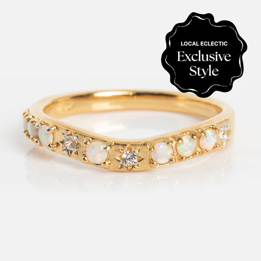 Gold ring with opal and diamond stones on a white background, featuring 'Local Eclectic Exclusive Style' label.