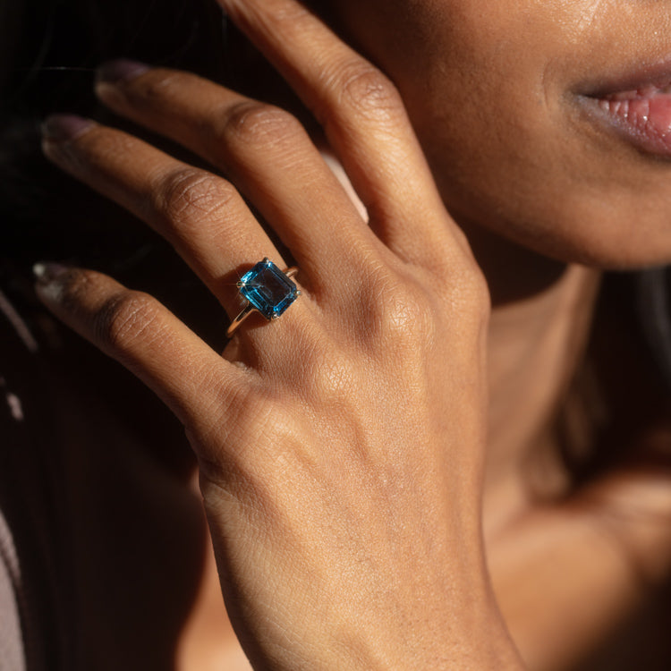 One of a Kind Emerald Cut London Blue Topaz Ring