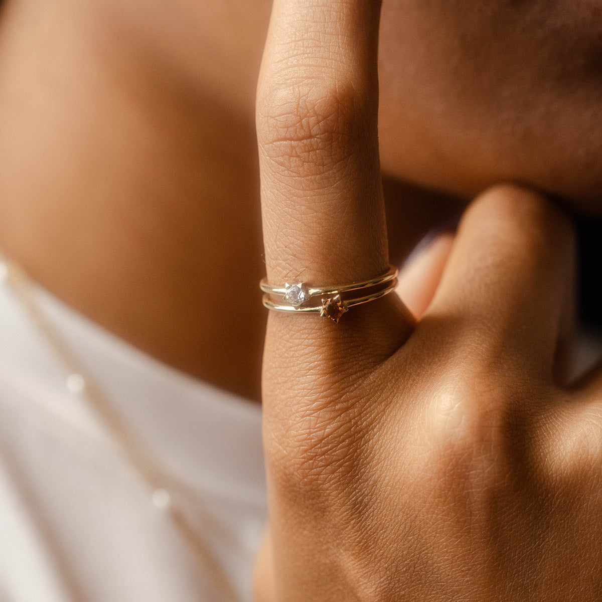 Solid Gold White Topaz Dainty Starlight Ring