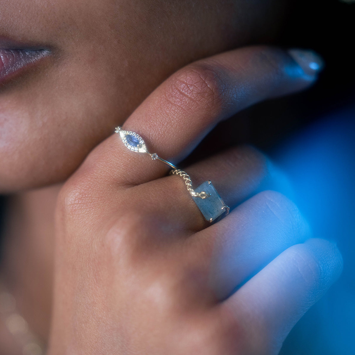 Solid Gold Iolite Evil Eye Ring