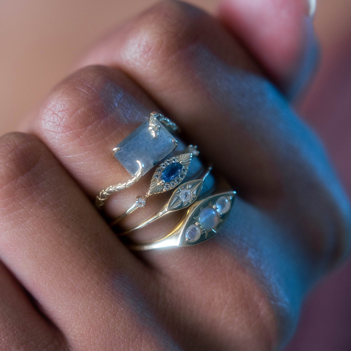 Solid Gold Iolite Evil Eye Ring