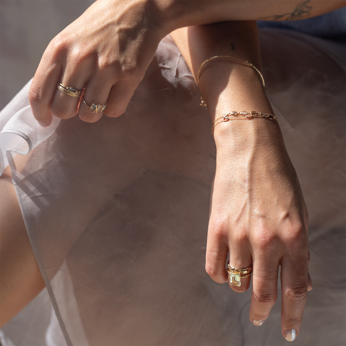 Solid Gold Sunlit Garnet and Sunstone Bracelet