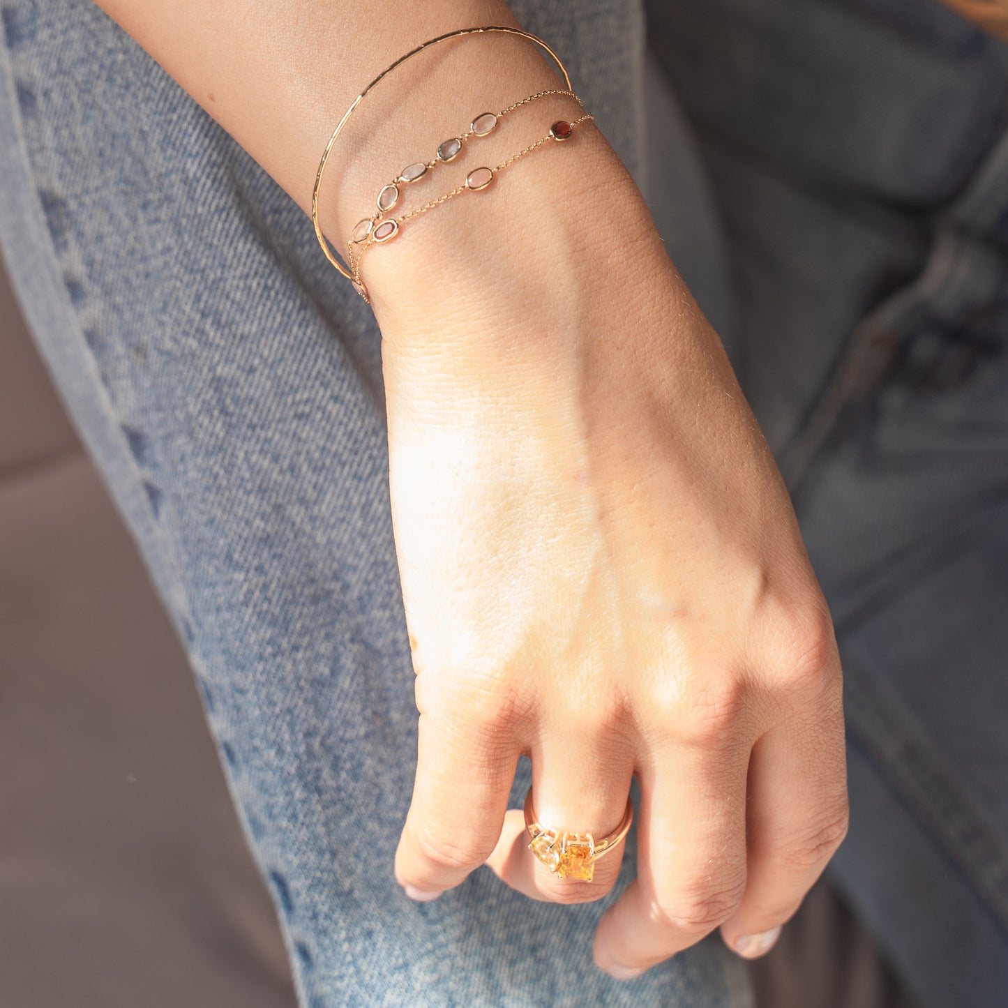 Solid Gold Sunlit Garnet and Sunstone Bracelet