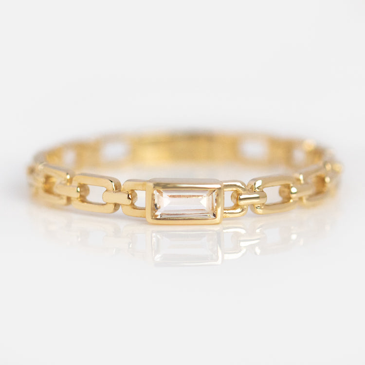 Solid Gold Chain Link White Topaz Baguette Ring