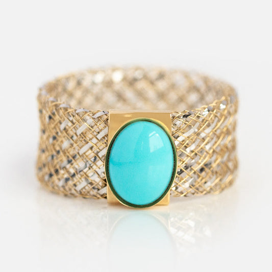 The Solid Gold Mesh Gemstone Ring Turquoise, sample size 7, showcases an oval turquoise stone set in a smooth 9k yellow gold bezel atop a wide mesh band, shown on a plain white background.