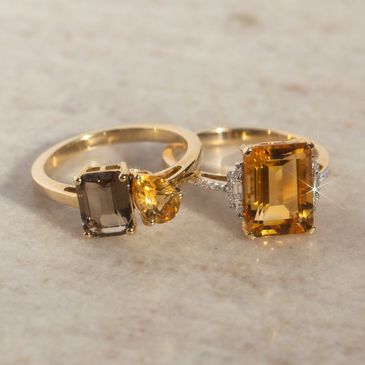 14k Solid Gold Citrine and Diamond Deco Ring