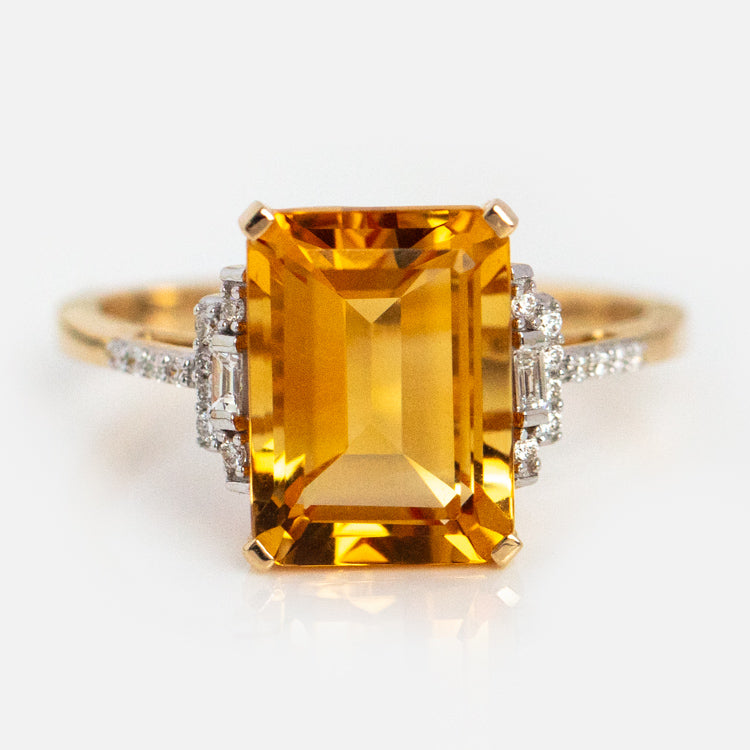 14k Solid Gold Citrine and Diamond Deco Ring