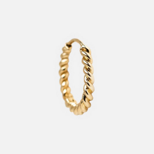 Solid Gold Twisted Huggie Hoops in 10k gold, featuring a twisted rope design and ideal for everyday wear, displayed on a plain white background.