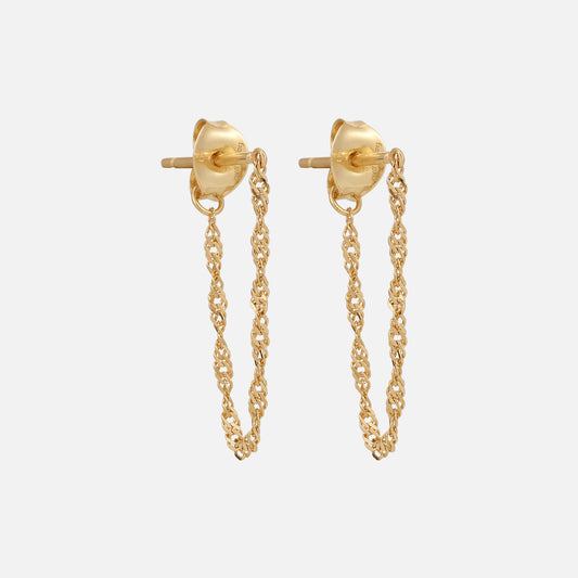 Solid Gold Dangle Chain Huggies Sample shown on a plain light gray background, featuring 9k solid yellow gold stud earrings with delicate Singapore twisted chain loops connecting the stud to the butterfly clasp.