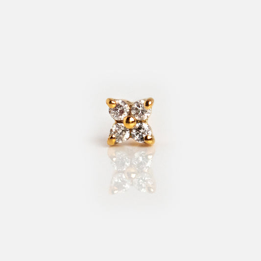 The Solid Gold Simple Diamond Quartet Studs feature four round, clear diamonds set in a cross or flower shape—perfect for everyday wear—shown against a plain white background.