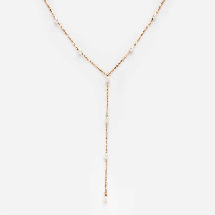 Solid Gold Pearl Lariat Necklace