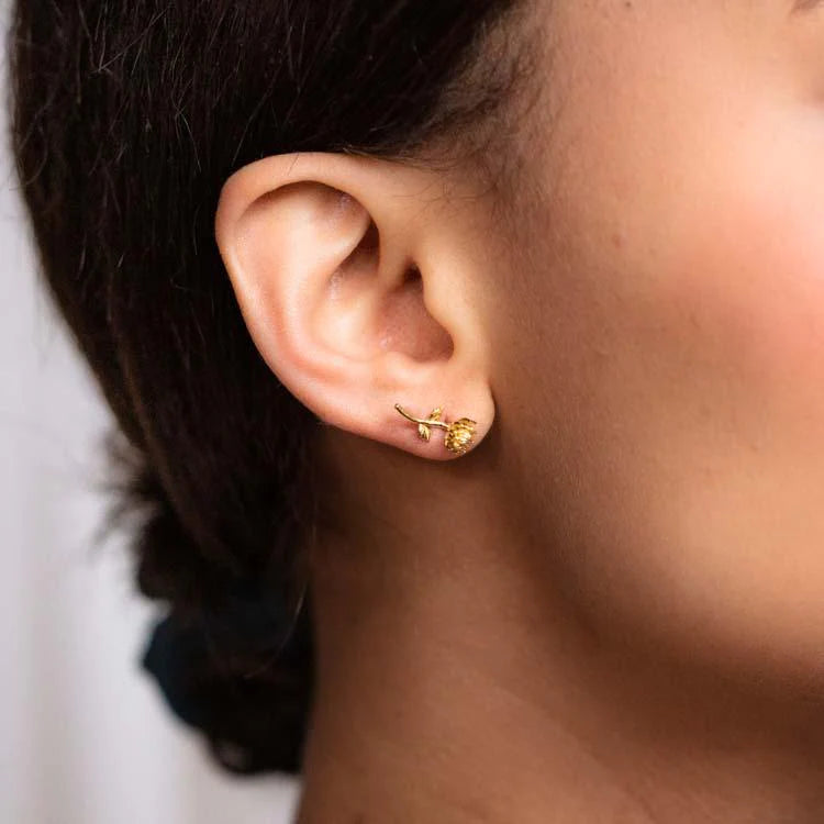 A close-up shows a person wearing two small gold earrings—one leaf-shaped, one round—with dark hair tied back, paired with a delicate heart pendant from the Valentines Day Hearts and Flowers Gift Set for perfect Valentine’s jewelry inspiration.
