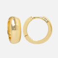 Two Chunky Huggie Hoops are displayed on a white background—one stands upright to highlight its thickness, while the other lies flat to show its circular design and stackable clasp.